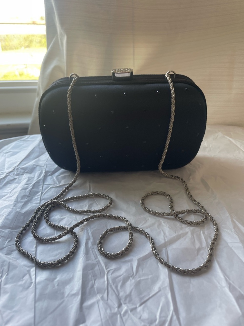 Bally Clutch Bag Made in Italy Silver Chain Strap Crystal Rhinestones - Picture 3 of 11